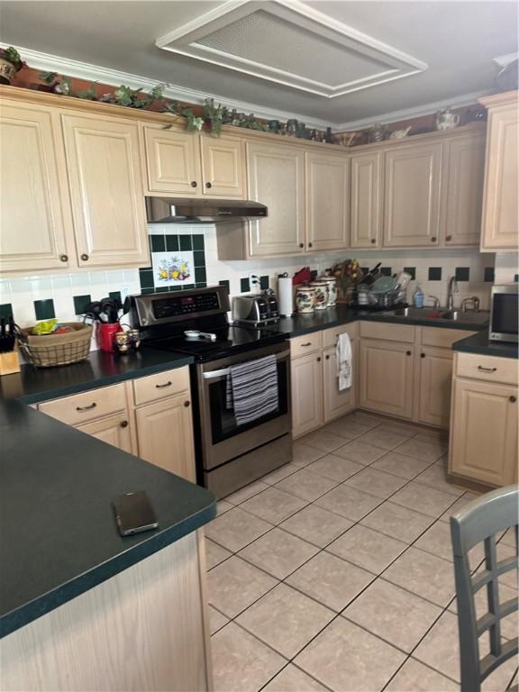 kitchen featuring ornamental molding, under cabinet range hood, a sink, dark countertops, and stainless steel appliances