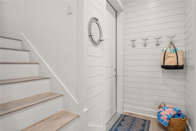 interior space featuring wooden walls and wood finished floors