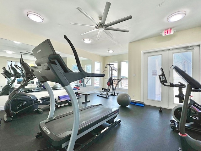 gym featuring french doors and ceiling fan