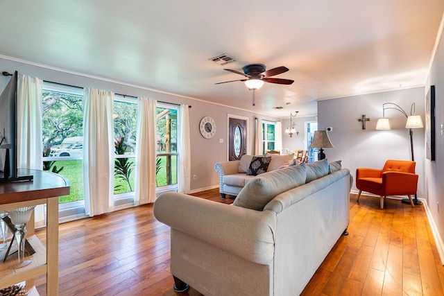 living room with a wealth of natural light, ceiling fan with notable chandelier, and light hardwood / wood-style flooring