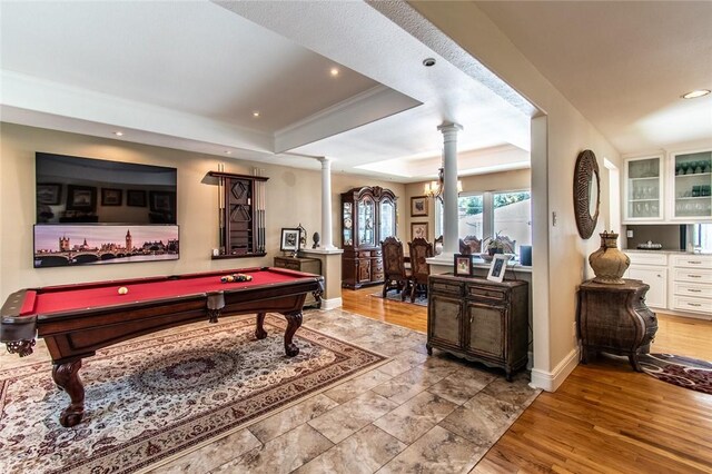 322 Williamson Pl, Corpus Christi, TX 78411 - recreation room with ornate columns, a raised ceiling, billiards table, recessed lighting, and light wood-style flooring