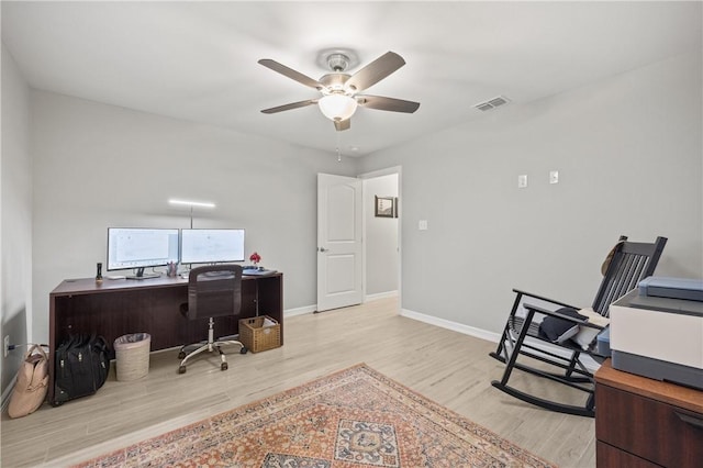 office area featuring ceiling fan and light hardwood / wood-style flooring