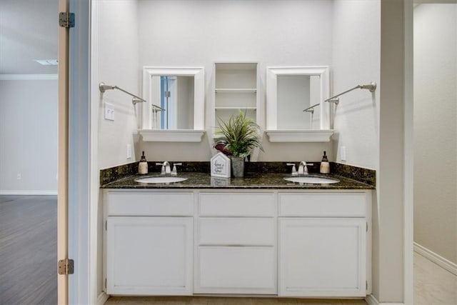 7421 Blue Lake Dr, Corpus Christi, TX 78413 - full bathroom featuring double vanity and ornamental molding