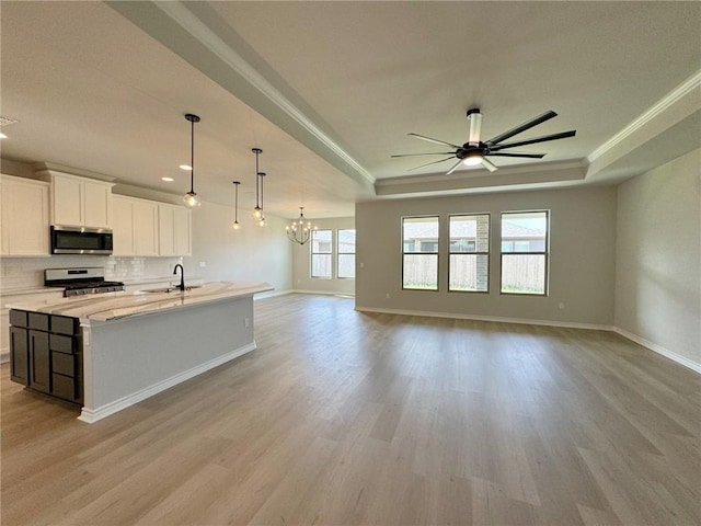 2605 Las Estrellas St, Corpus Christi, TX 78414 - kitchen featuring appliances with stainless steel finishes, a tray ceiling, a sink, light wood finished floors, and a chandelier
