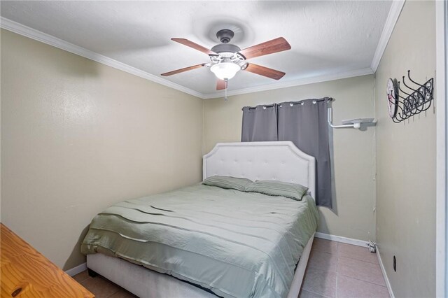 11805 Night Hawk, Corpus Christi, TX 78410 - bedroom featuring ornamental molding, baseboards, tile patterned flooring, and a ceiling fan