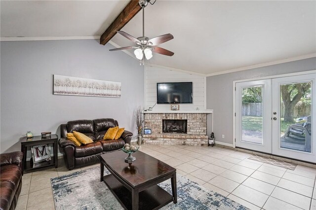 11805 Night Hawk, Corpus Christi, TX 78410 - tiled living area with a ceiling fan, a fireplace, french doors, and ornamental molding