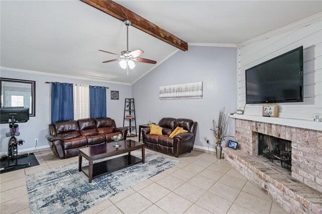 11805 Night Hawk, Corpus Christi, TX 78410 - tiled living room featuring ceiling fan, a fireplace, baseboards, and ornamental molding