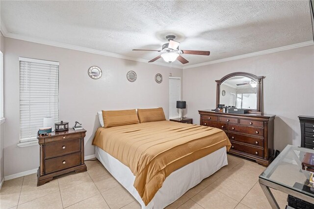 11805 Night Hawk, Corpus Christi, TX 78410 - bedroom featuring light tile patterned floors, ornamental molding, ceiling fan, baseboards, and a textured ceiling