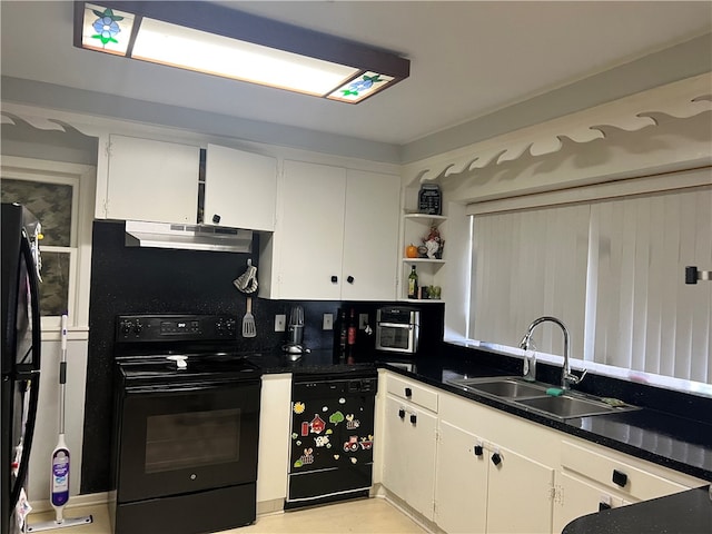 kitchen featuring white cabinetry, extractor fan, sink, black appliances, and decorative backsplash