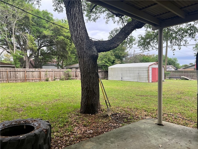 view of yard featuring a storage unit and a patio area