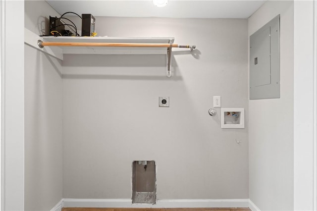washroom with electric panel, laundry area, electric dryer hookup, washer hookup, and baseboards