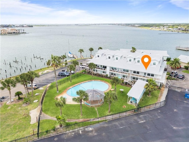 aerial view featuring a water view
