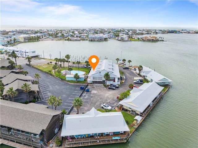 drone / aerial view featuring a water view