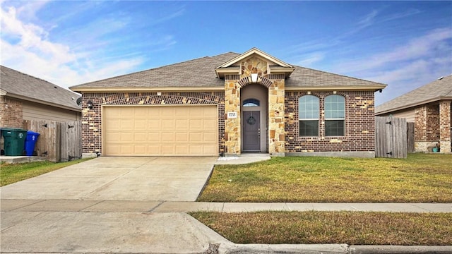 view of front of home featuring a front yard and a garage