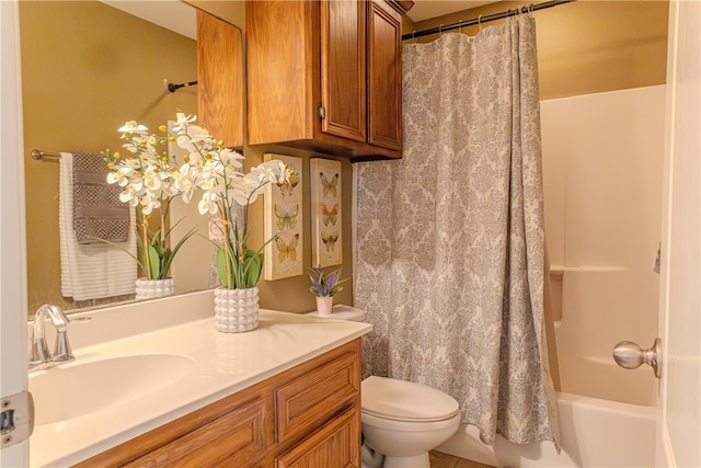 full bathroom featuring vanity, toilet, and shower / bath combination with curtain