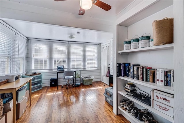 office space featuring hardwood / wood-style flooring and ceiling fan