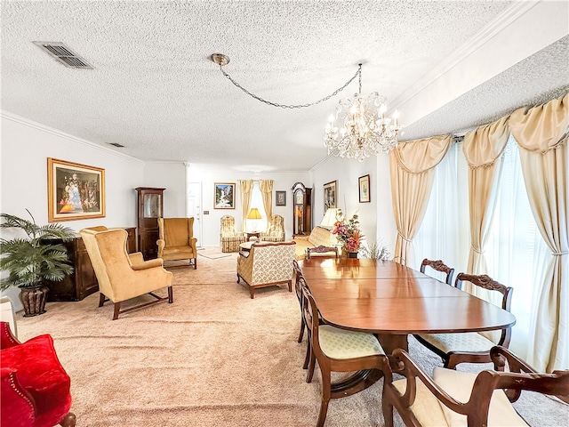 carpeted dining room featuring a textured ceiling, an inviting chandelier, and crown molding