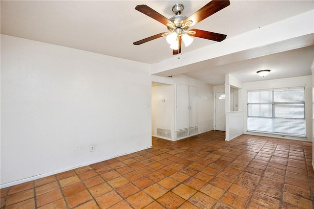 spare room featuring baseboards, visible vents, and a ceiling fan