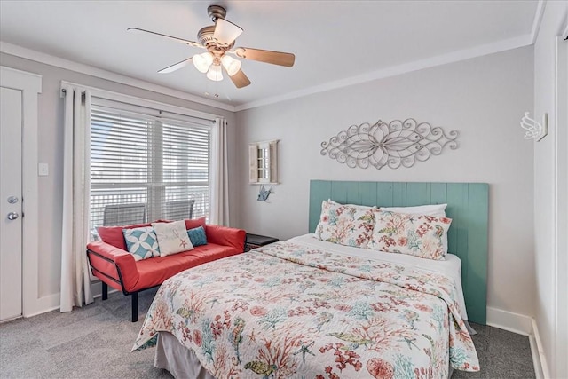 bedroom featuring ceiling fan, light colored carpet, and ornamental molding