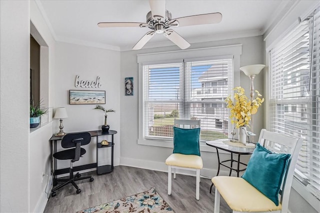 sitting room with crown molding, a healthy amount of sunlight, and light hardwood / wood-style flooring