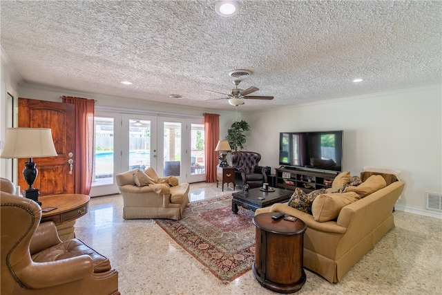 living room featuring crown molding, french doors, a textured ceiling, and ceiling fan