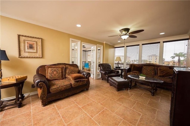 living area featuring recessed lighting, a ceiling fan, baseboards, and ornamental molding