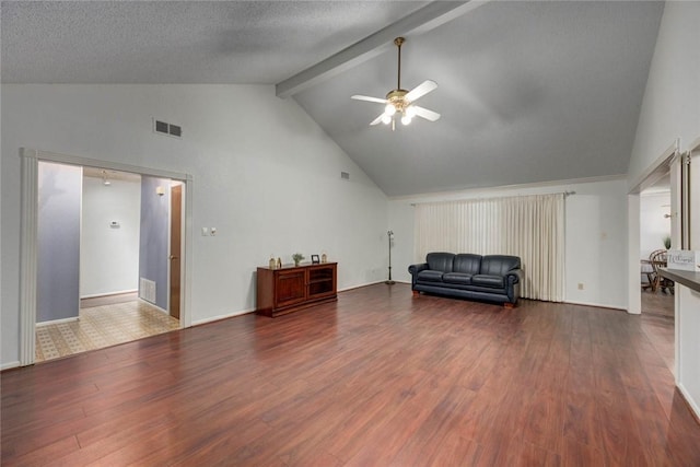 4621 Weiskopf, Corpus Christi, TX 78413 - sitting room with a ceiling fan, high vaulted ceiling, wood finished floors, and beamed ceiling