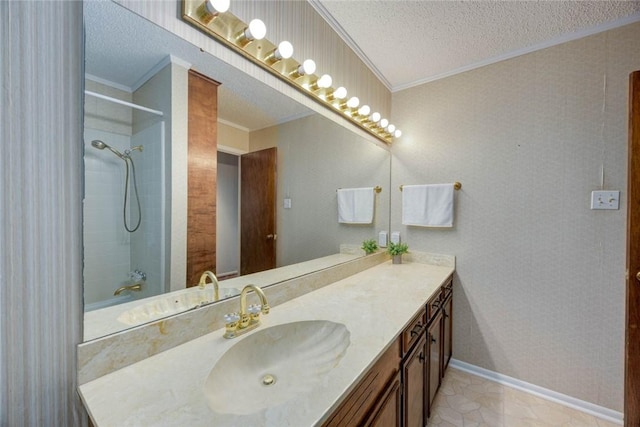 4621 Weiskopf, Corpus Christi, TX 78413 - bathroom with a textured ceiling, crown molding, vanity, and shower / bathtub combination