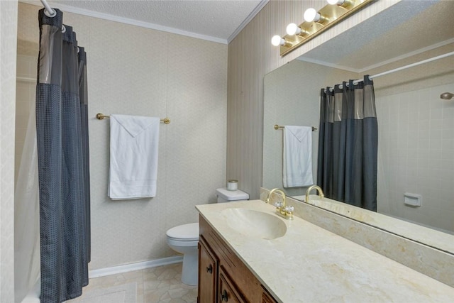 4621 Weiskopf, Corpus Christi, TX 78413 - bathroom featuring ornamental molding, vanity, a textured ceiling, and shower / bath combo