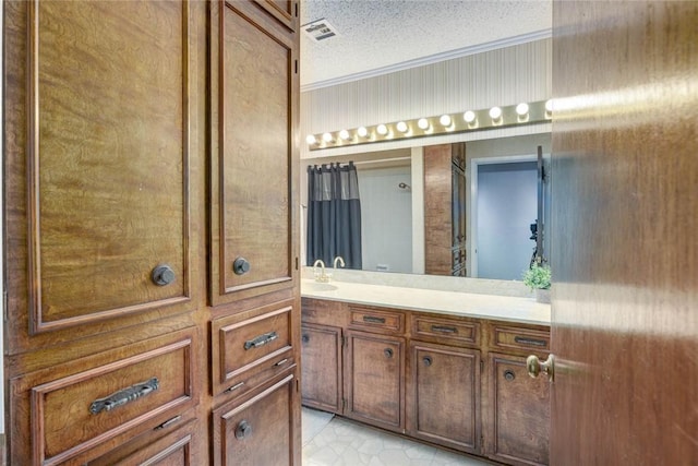 4621 Weiskopf, Corpus Christi, TX 78413 - bathroom featuring vanity, crown molding, and a textured ceiling