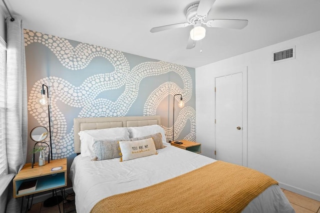 bedroom with ceiling fan, visible vents, and baseboards