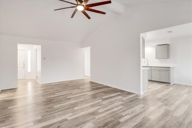 2108 Matagorda Dr, Portland, TX 78374 - unfurnished living room featuring a ceiling fan, beam ceiling, light wood-style floors, and high vaulted ceiling