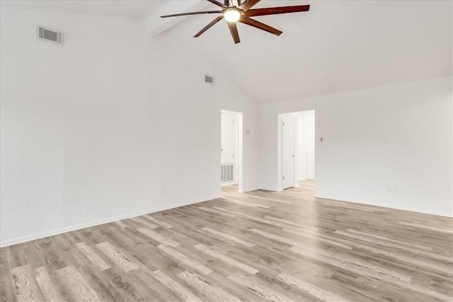2108 Matagorda Dr, Portland, TX 78374 - unfurnished living room featuring ceiling fan, beam ceiling, light wood-style floors, and high vaulted ceiling