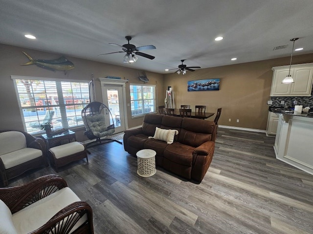 15333 Beaufort Ct, Corpus Christi, TX 78418 - living room with dark wood-type flooring, a ceiling fan, and recessed lighting