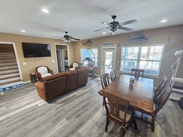 15333 Beaufort Ct, Corpus Christi, TX 78418 - dining area with wood finished floors, recessed lighting, stairs, and ceiling fan