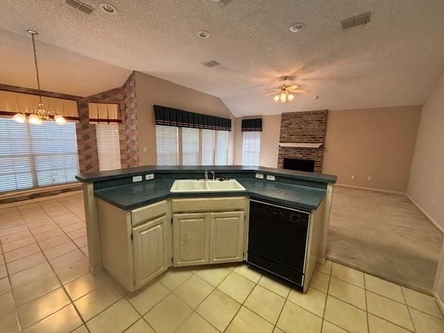 kitchen with dishwasher, a kitchen island with sink, lofted ceiling, and sink