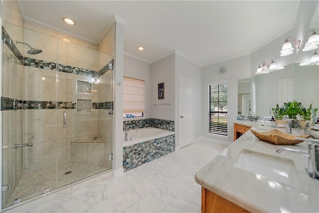 full bathroom featuring double vanity, ornamental molding, a garden tub, marble finish floor, and a shower stall