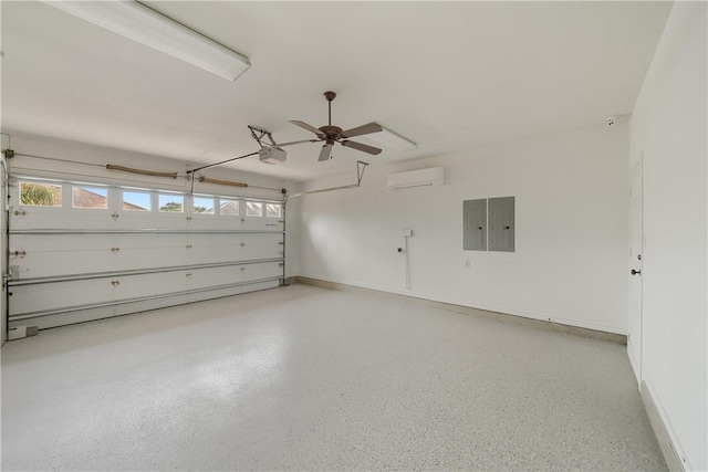 garage with electric panel, baseboards, and a garage door opener