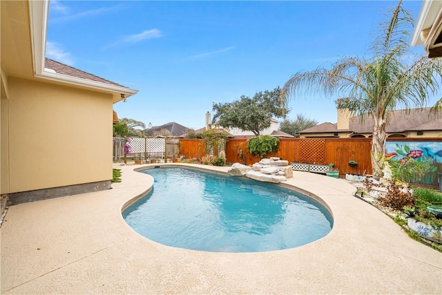 view of swimming pool featuring a patio area, a fenced backyard, and a fenced in pool