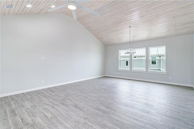 empty room featuring ceiling fan with notable chandelier, light hardwood / wood-style floors, and lofted ceiling