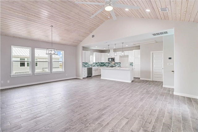 unfurnished living room with light hardwood / wood-style floors, wood ceiling, and high vaulted ceiling