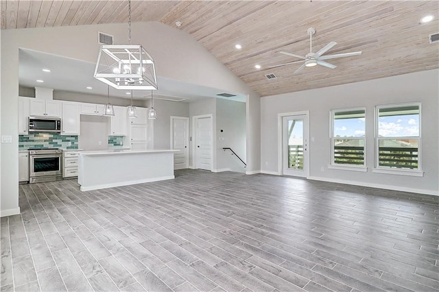 unfurnished living room with wooden ceiling, high vaulted ceiling, light hardwood / wood-style floors, and ceiling fan