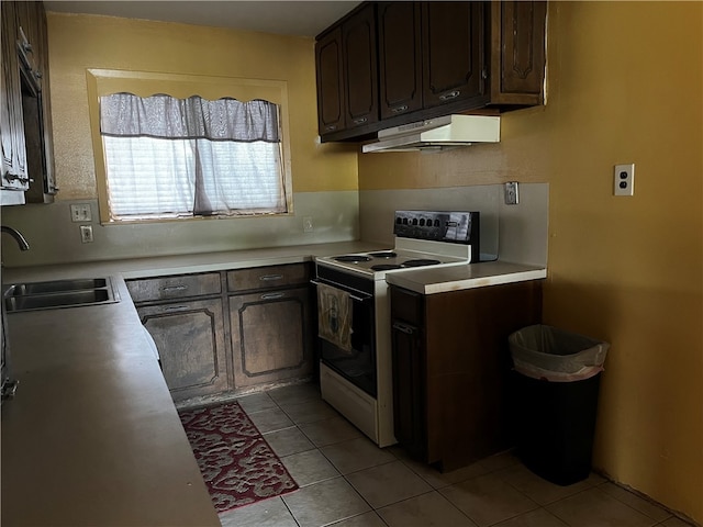 kitchen with sink, dark brown cabinetry, light tile patterned floors, and white range with electric cooktop