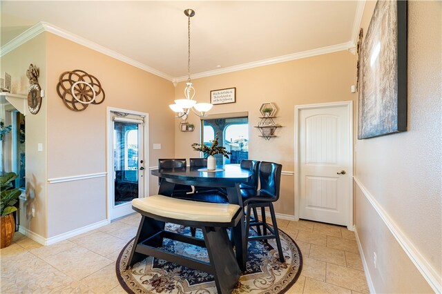 dining space featuring a notable chandelier, a healthy amount of sunlight, and crown molding