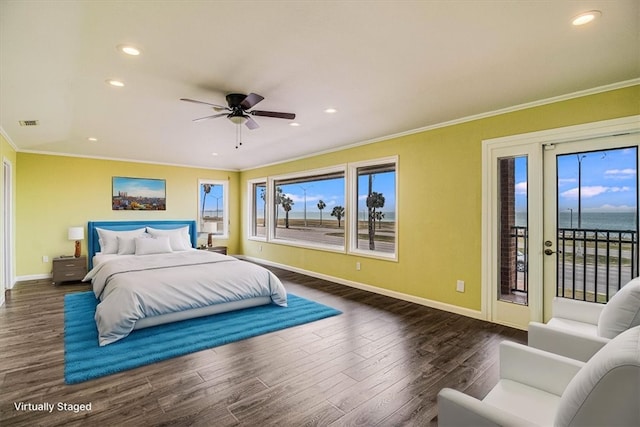 bedroom featuring access to outside, wood finished floors, baseboards, and ornamental molding