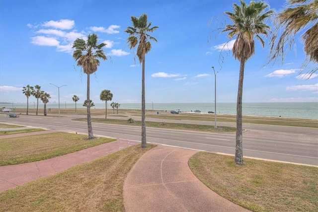 exterior space featuring a water view, street lighting, and sidewalks