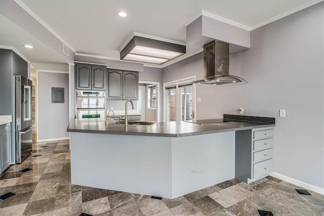 kitchen with range hood, stainless steel appliances, ornamental molding, and a sink