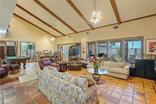 7033 Chiswick Dr, Corpus Christi, TX 78413 - tiled living area featuring high vaulted ceiling, billiards, beamed ceiling, a ceiling fan, and stairway
