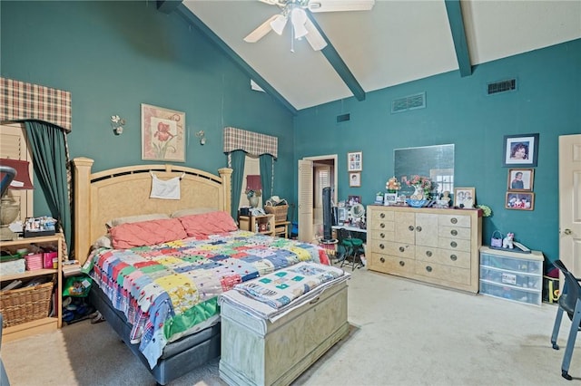 7033 Chiswick Dr, Corpus Christi, TX 78413 - bedroom featuring high vaulted ceiling, carpet floors, beam ceiling, and ceiling fan