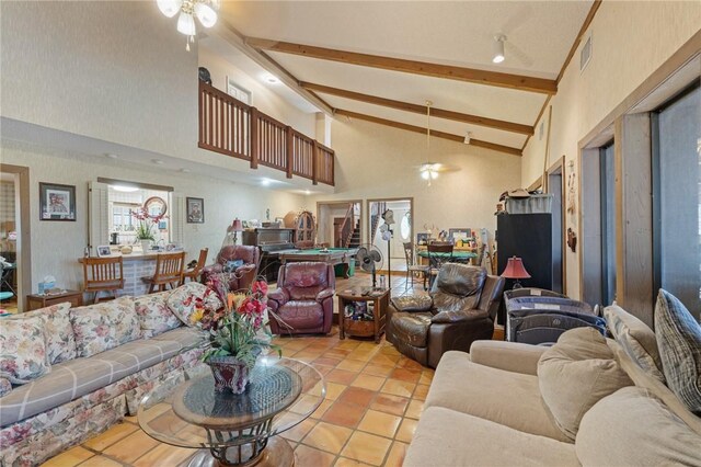 7033 Chiswick Dr, Corpus Christi, TX 78413 - living room with a ceiling fan, beam ceiling, high vaulted ceiling, light tile patterned floors, and billiards
